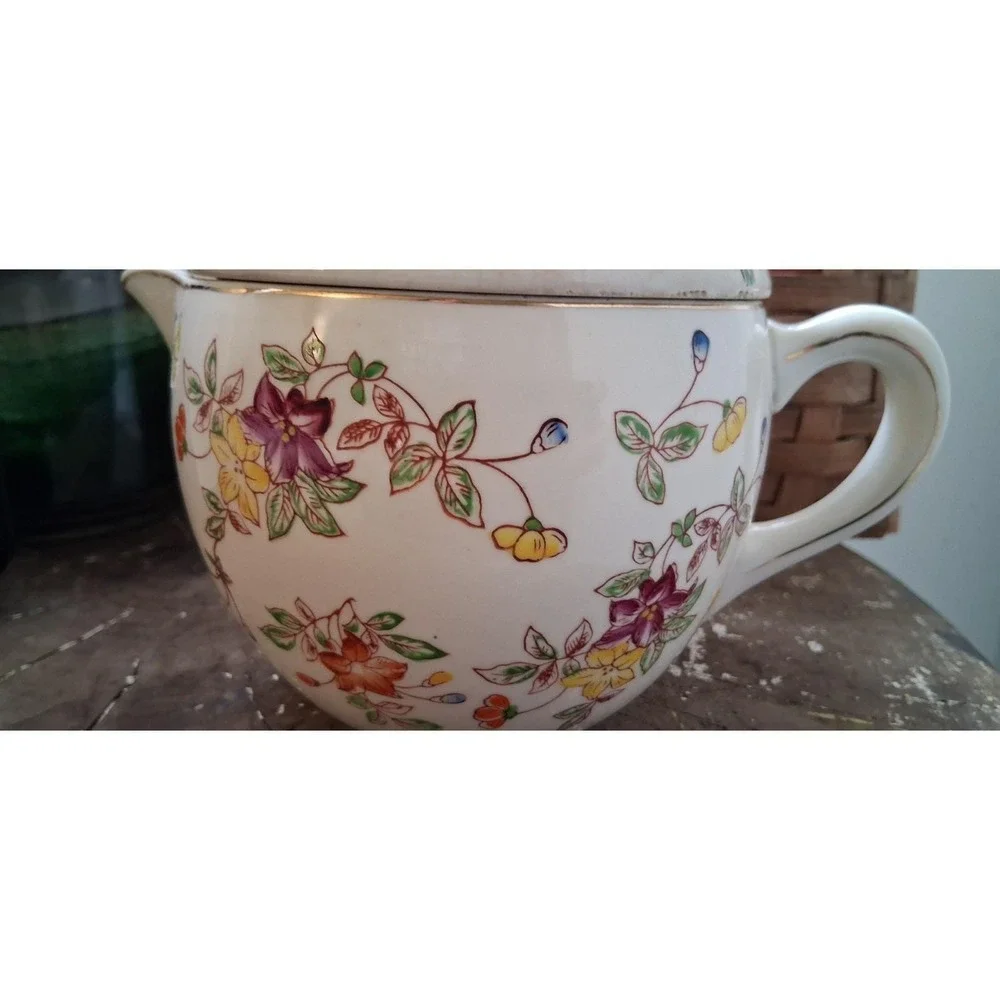 Vintage Large 2 Piece Porcelain Flowered Hand Juicer/ Spout & Handle Japan 1920s